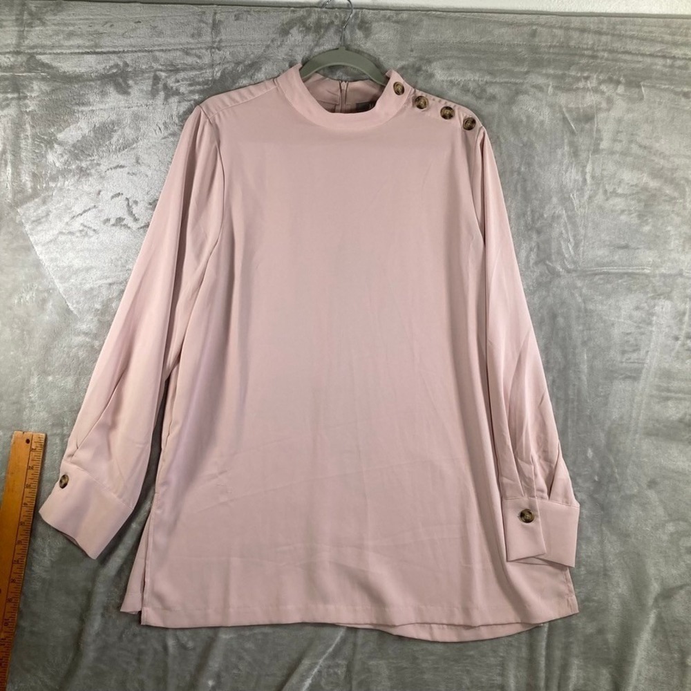 Marled Reunited Clothing Women's L Mock Neck Button Shoulder Blouse Pink